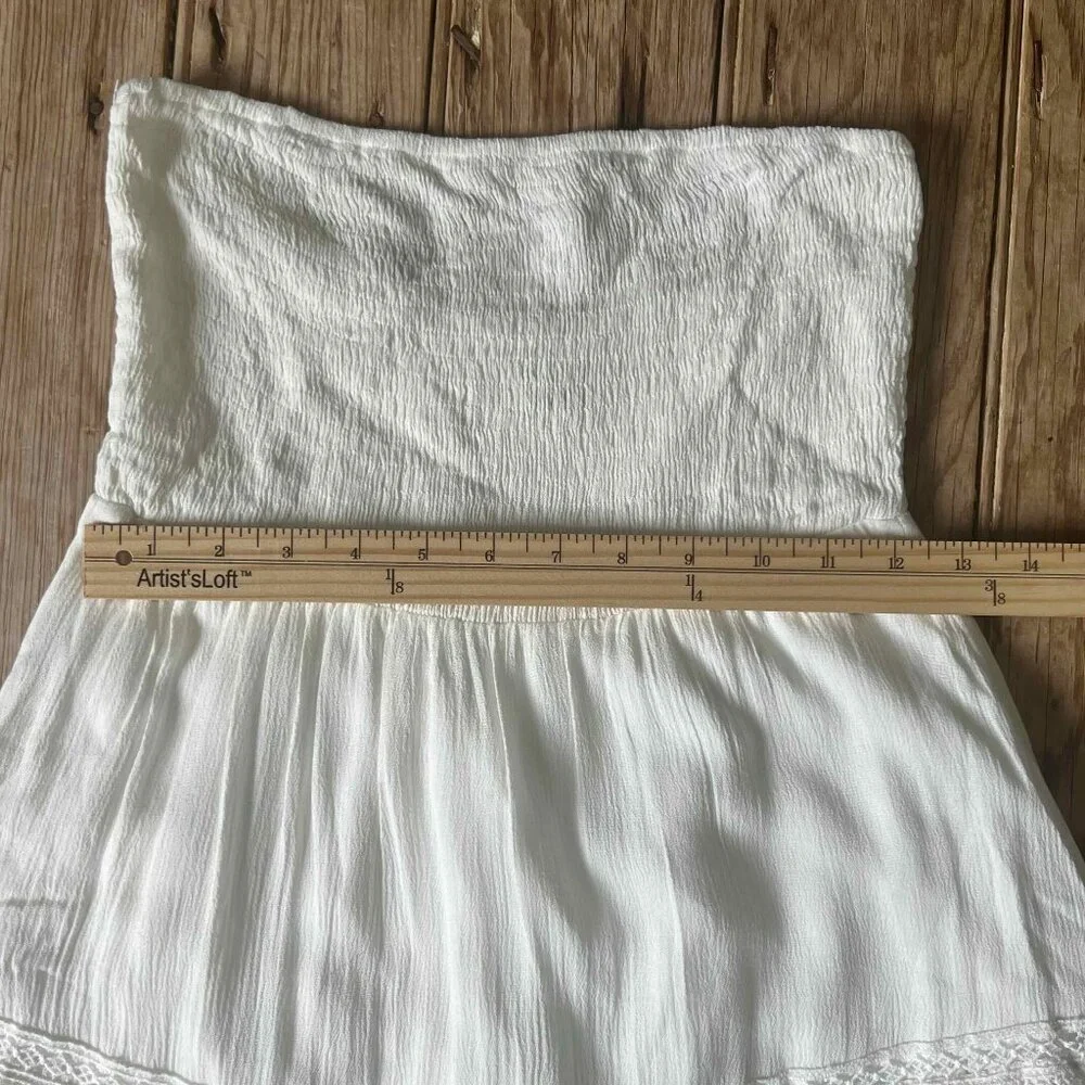 White Strapless Boho Embroidered A-Line Dress Holiday Wedding Romantic Festival - Picture 7 of 12